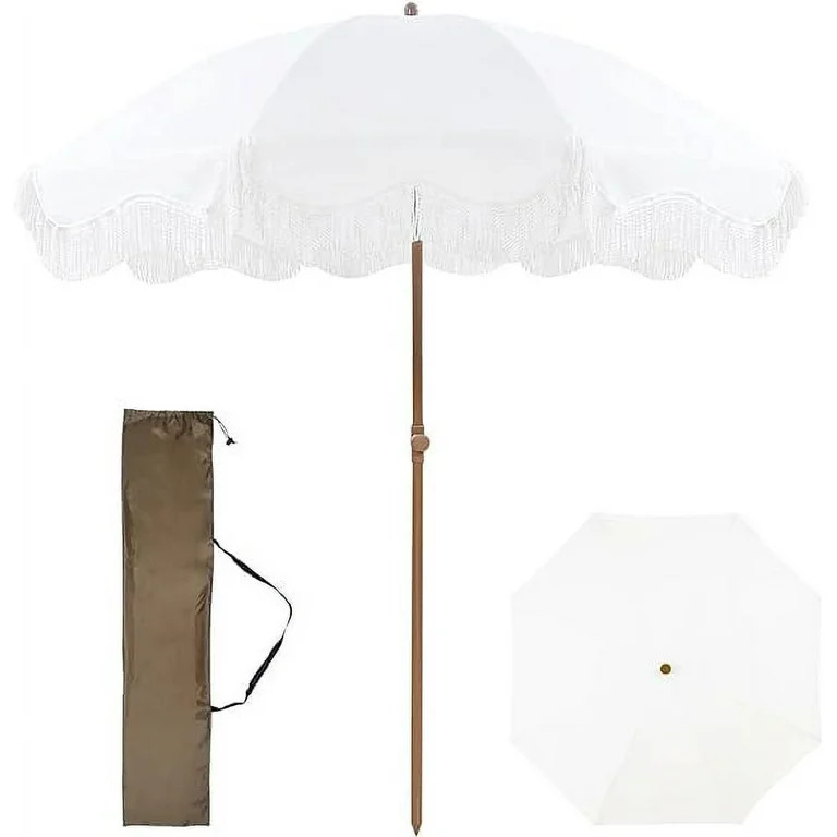 White Outdoor Umbrella 6ft Patio Umbrella UPF50+beach Umbrellas For Sand Tilt Boho Umbrella With ... | Walmart (US)