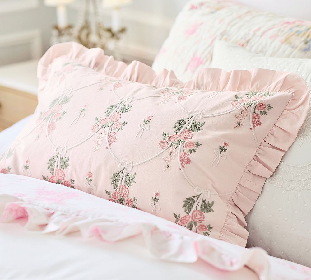 LoveShackFancy Embroidered Bows and Flowers Pillow Cover, 16" x 26" | Pottery Barn (US)