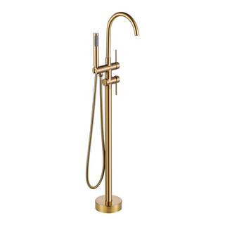 Double Handle Floor Mounted Freestanding Tub Faucet with Handheld Shower in Gold | The Home Depot