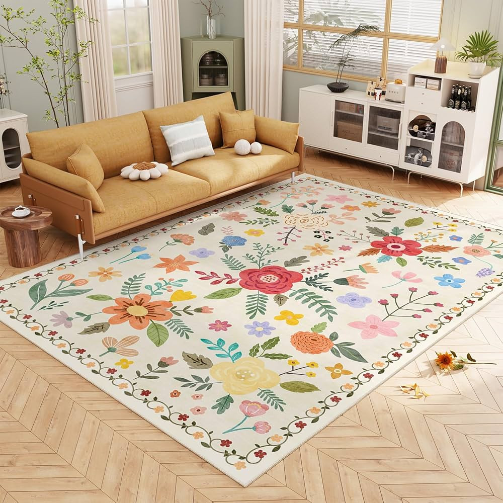 Machine Washable Area Rugs 5X7 - Washable Floral Rugs with Non Slip Backing for Living Room Bedro... | Amazon (US)