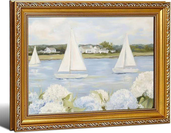 Gold Vintage Framed Coastal Wall Art - Sailboat Seascape Hydrangea Canvas Prints, Summer Ocean Ae... | Amazon (US)