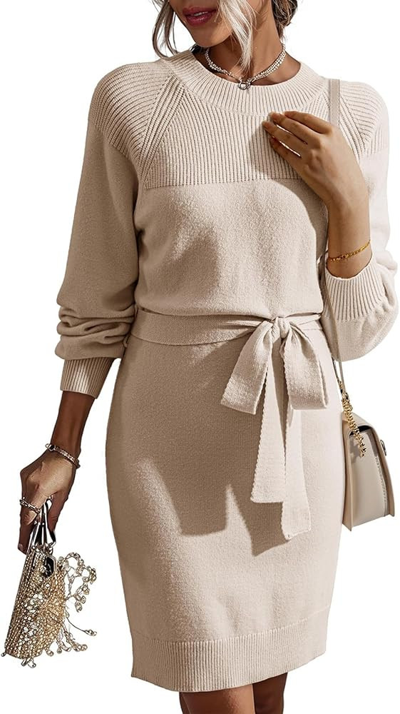 Dokotoo Womens 2025 Fall Sweater Dress Crewneck Long Sleeve Empire Waist Ribbed Knit Mini Dress w... | Amazon (US)