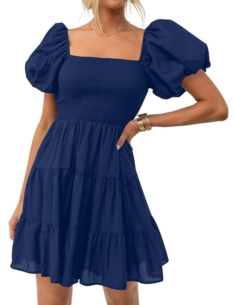 ZESICA Women's Boho 2025 Summer Square Neck Puff Sleeve Off Shoulder Smocked Tiered Casual A Line... | Amazon (US)