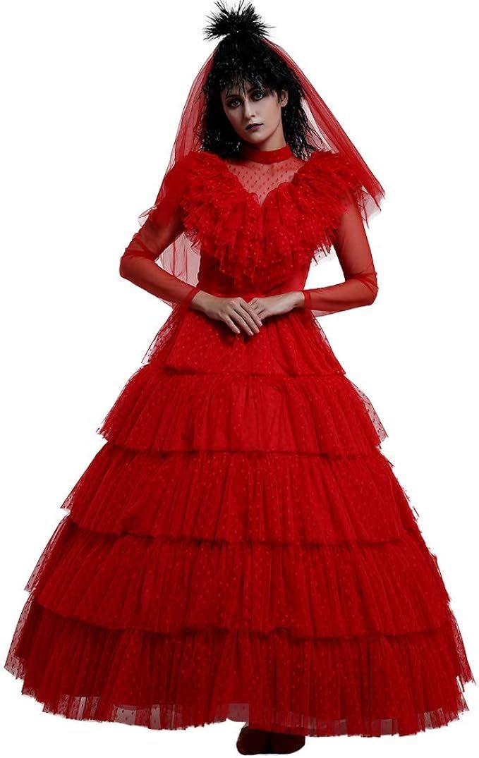 miccostumes Women's Red Wedding Dress Cosplay Costume Halloween with Veil | Amazon (US)