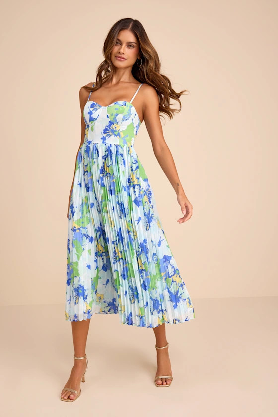 Dorothy Light Blue Multi Floral Print Pleated Midi Dress | Lulus