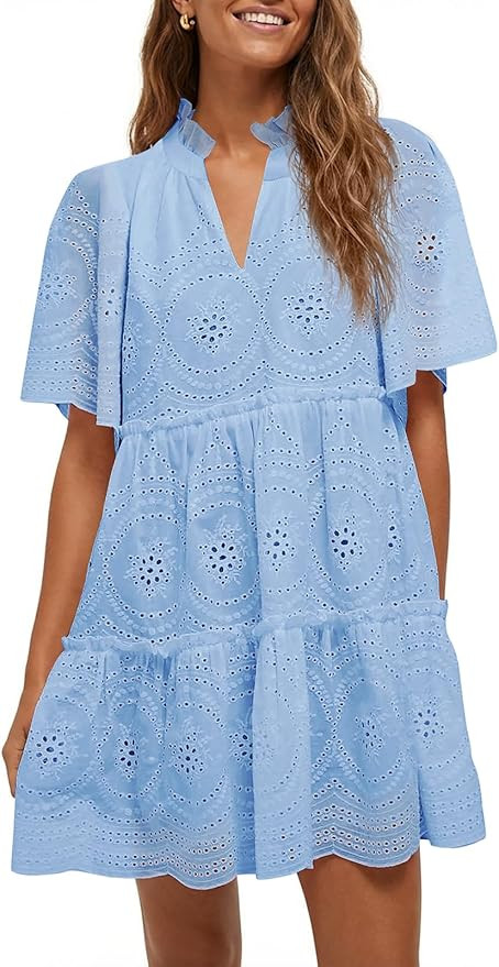 Wenrine Womens Summer Eyelet Dress Short Sleeve Babydoll V Neck Hollow Out Lace Ruffle Casual Bea... | Amazon (US)