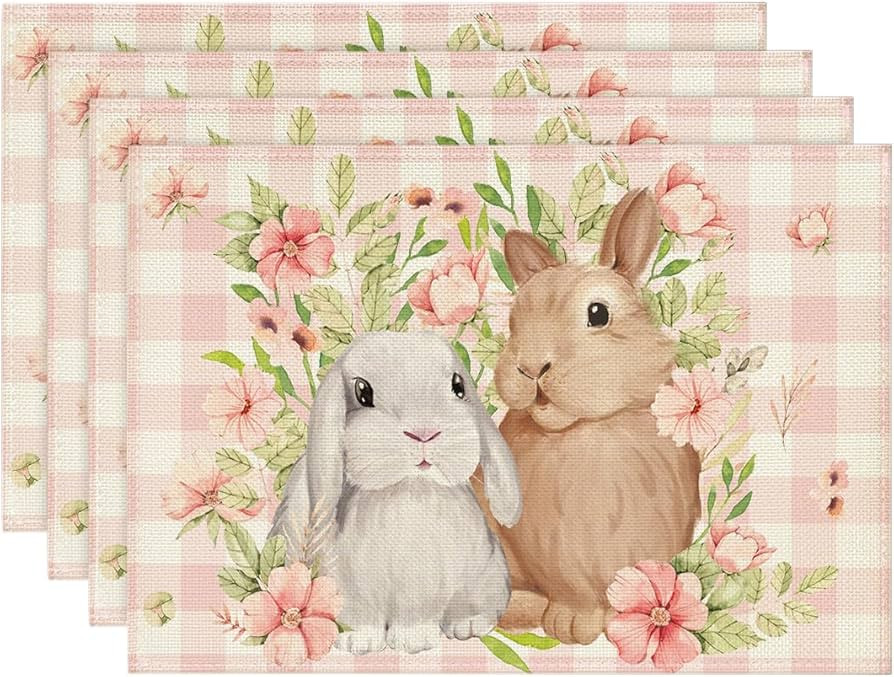 Artoid Mode Bunny Rabbit Flowers Pink Buffalo Plaid Easter Placemats Set of 4, 12x18 Inch Spring ... | Amazon (US)
