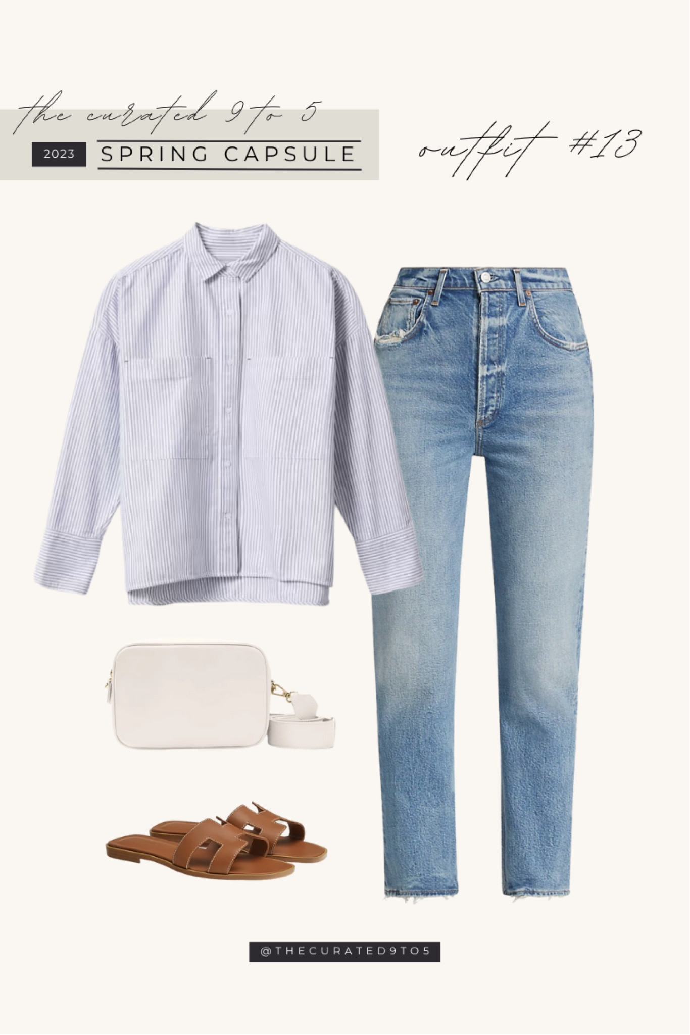 2023 spring capsule wardrobe
Oversized button-down, button-up, white or light blue
Leather bag
Brown leather sandals, Hermes Oran sandals
Medium wash denim, straight leg, medium or high waisted, jeans

#LTKcurves #LTKSeasonal #LTKstyletip