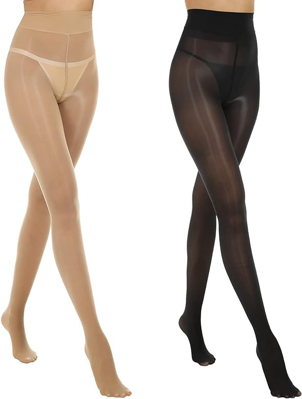 MANZI 2 Pairs Women's Shiny Sheer Tights High Waist Silk Comfort Stockings Oil Shimmery Nylons Pa... | Amazon (US)