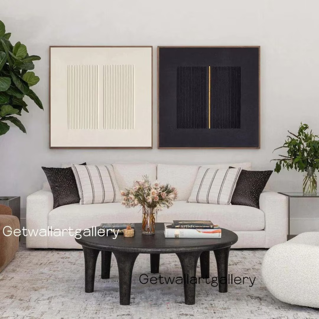 Set of 2 3d Textured Wall Art Pure Beige and Black 3d Textured Wall Art 2 Piece Minimalist Canvas... | Etsy (US)