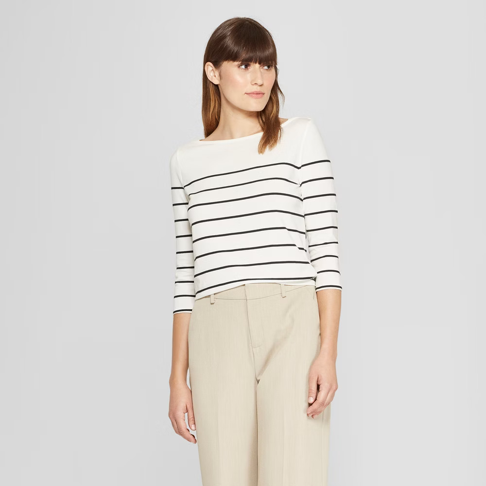 Women's Striped 3/4 Sleeve Boatneck T-Shirt - A New Day White/Black XS | Target