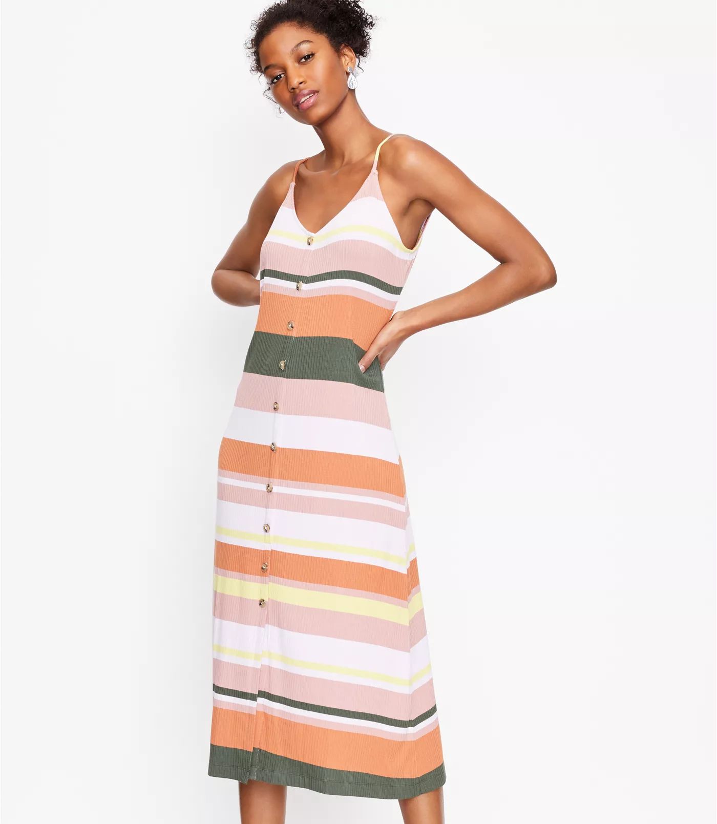 Striped Button Strappy Midi Dress | LOFT | LOFT