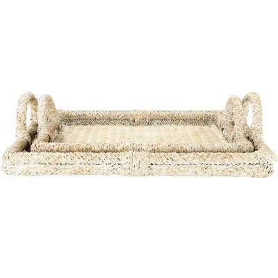 Storied Home Decorative Rattan Trays with Handles & Whitewashed Finish (Set of 2 Sizes) | Target