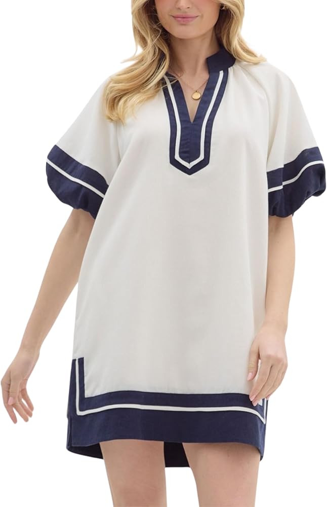 Esmeling Women’s Color Block Pullover Dress V Neck Puff Sleeve Shirt Dress Casual Mini Dress wi... | Amazon (US)