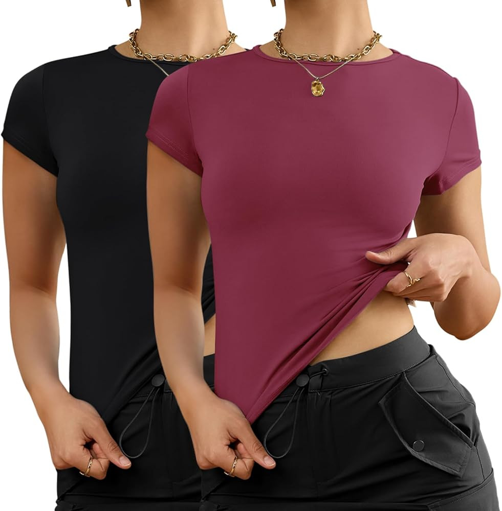 AKEWEI Long Sleeve Crop Tops for Women 2 Pack Fall Going Out Outfits Cute Tight Basic Tees Shirt | Amazon (US)