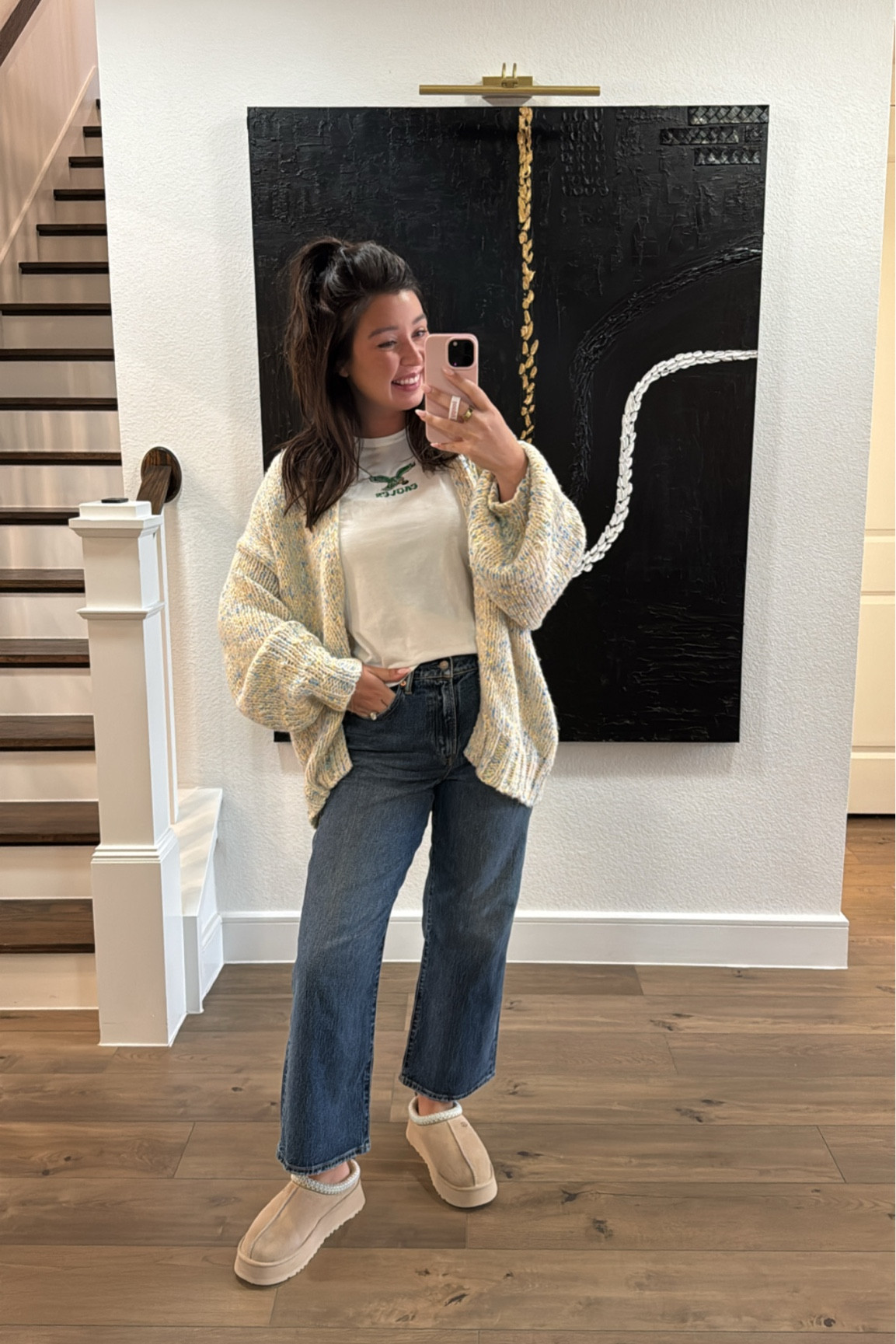 Today’s brunch outfit with a slight superbowl touch. Tbh, I don’t care much about football but I had this eagles shirt and thought it was fitting with the outfit for today’s big game. Both the top & cardigan are a medium. Jeans are a 30 and fit a little loose but in a good way

#LTKStyleTip #LTKMidsize