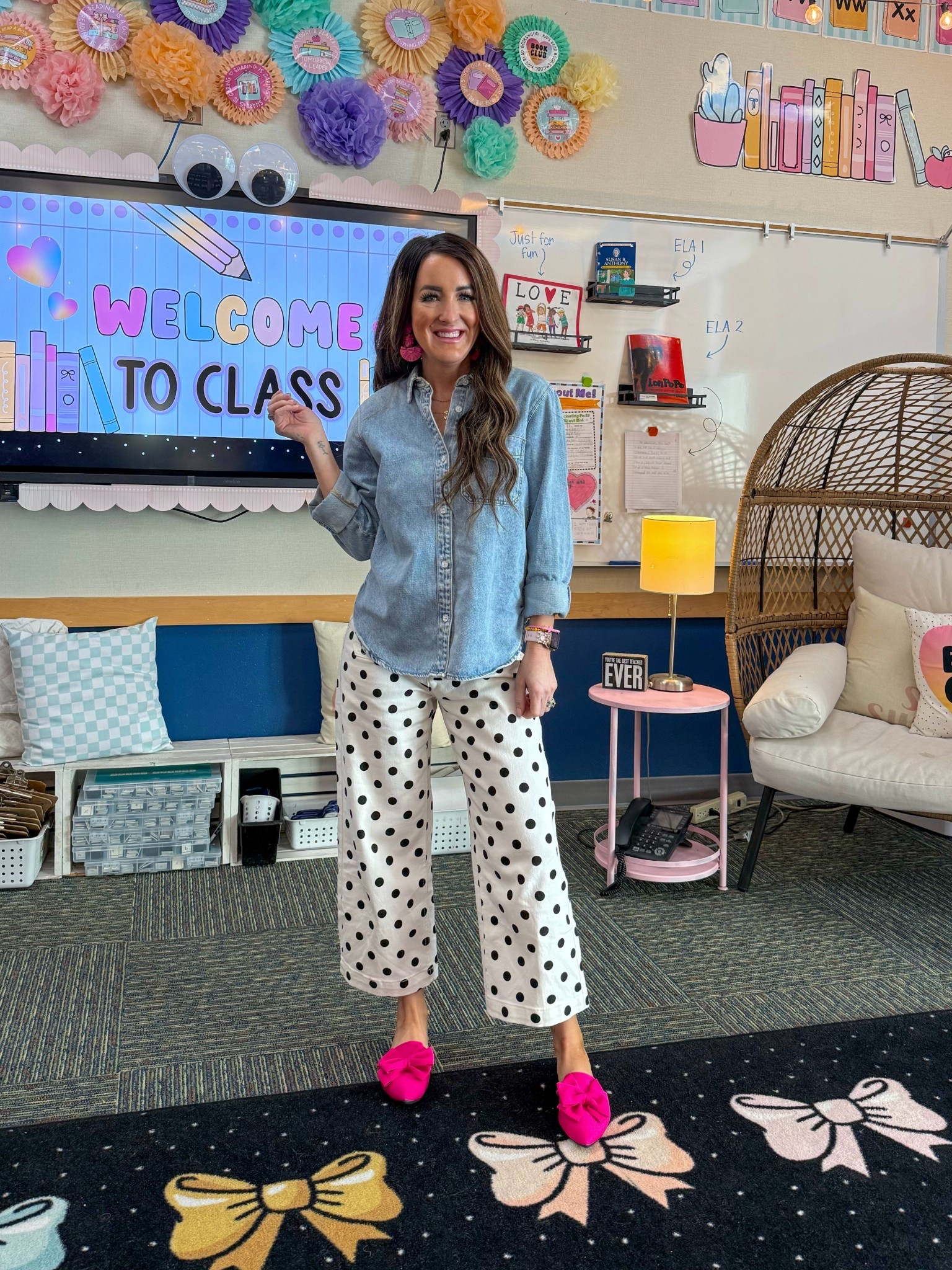 The polka dot pants were so fun to wear today!🩷 Paired them with a comfy chambray top and bright pink pointed toe flats with bows and statement earrings. 🤍🖤Shop this teacher outfit, workwear style, and everyday fashion inspo on LTK. #LTKStyle #LTKWorkwear #TeacherOutfits #WorkwearInspo #ClassroomStyle #OOTD #StyleInspo