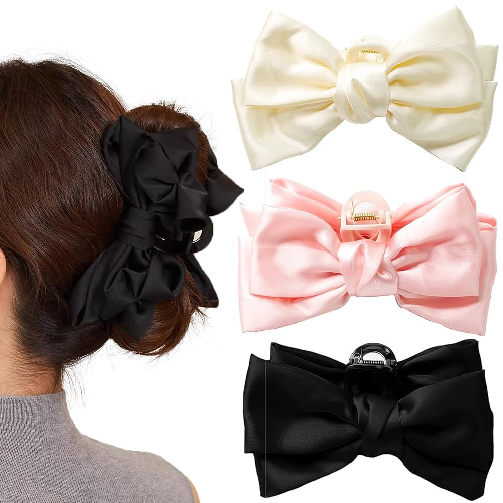 3 PCS Large Bow Hair Claw Clips Satin Bow Claw Clip for Women Girl with Long Thick Hair 5.9 inch ... | Amazon (US)