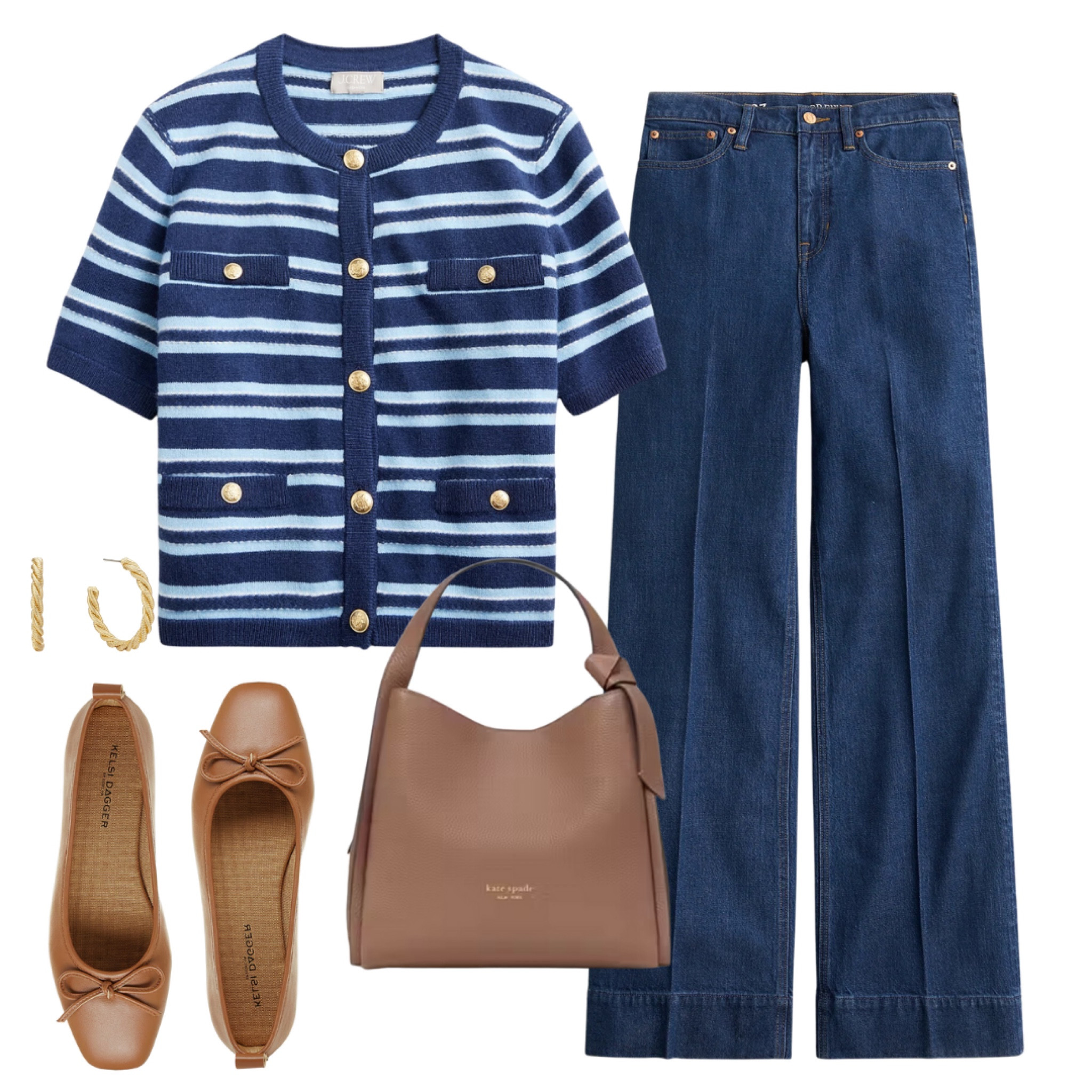 How to style a short sleeve cardigan.

Trouser jeans, caramel brown ballet flats, caramel brown crossbody tote