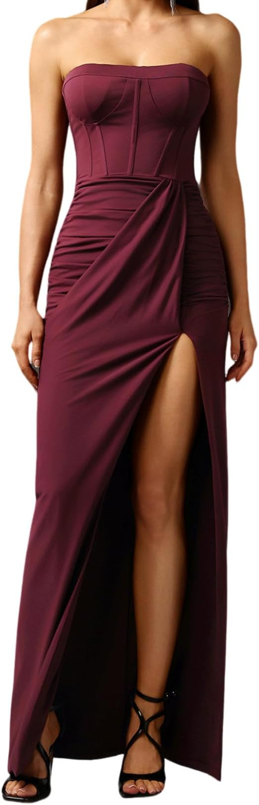 BELLA BARNETT Red Strapless High Slit Maxi Corset Elegant Prom Dress Sexy Backless Slim Fit Ruche... | Amazon (US)