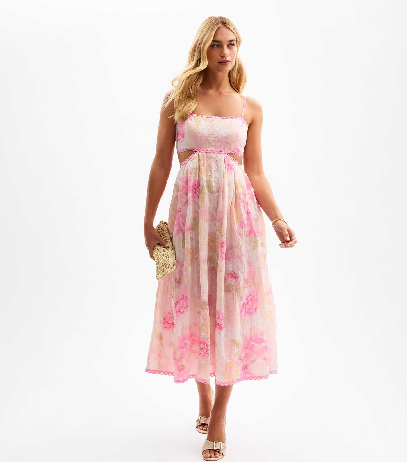 Pink Floral Print Textured Stripe Cut Out Maxi Dress | New Look | New Look (UK)