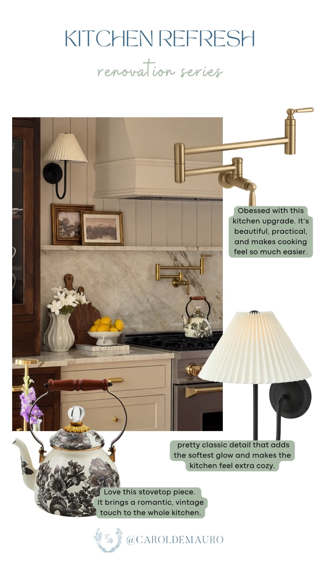 Obsessed with this kitchen upgrade! The brass pot filler and floral teapot bring such a beautiful, practical touch to the whole space.

kitchen renovation, kitchen refresh, brass hardware, kitchen wall sconce, kitchen upgrade, kitchen remodel

#LTKHome
