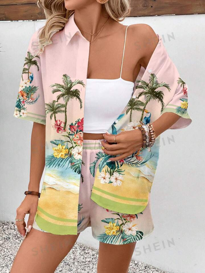 SHEIN VCAY Seascape Printed Casual Loose Women's 2-Piece Set There Is No Text On The T-Shirt. | SHEIN