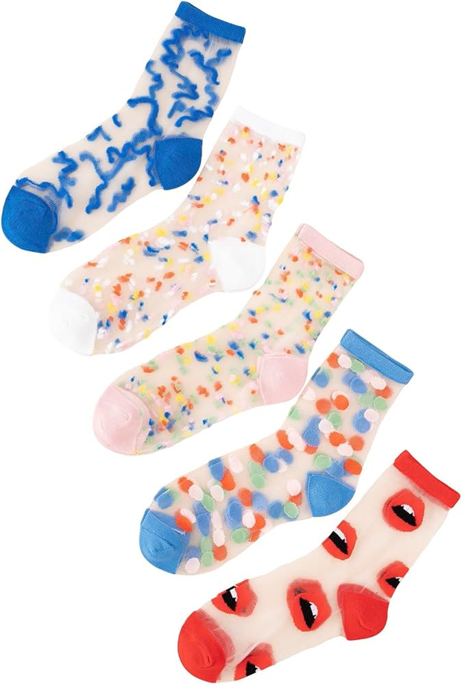Verdusa Women's 5 Pairs Sheer Socks Mesh Crew Socks Transparent See Through Tulle Socks | Amazon (US)