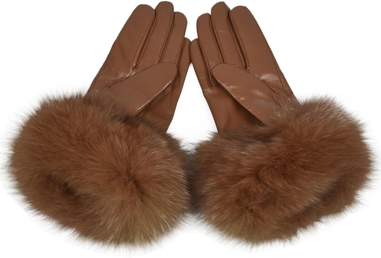 Yosang Women Genuine Lambskin Leather Winter Lined Gloves with Fox Fur Trim | Amazon (US)