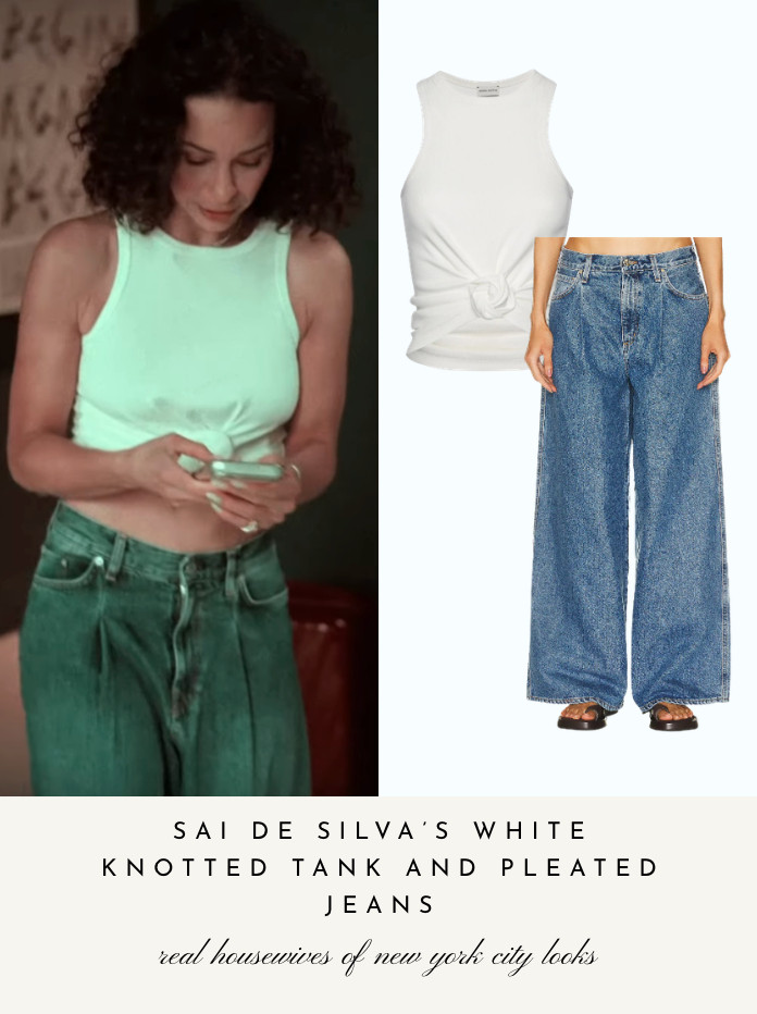Sai De Silva's White Knotted Tank and Pleated Jeans 

 