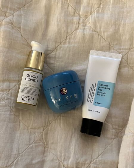 Night time routine faves! Oil makeup remover face cleanser + good genes lactic acid + Tatcha overnight cream + a fave amazon product it’s inexpensive and so hydrating!! 

#LTKbeauty