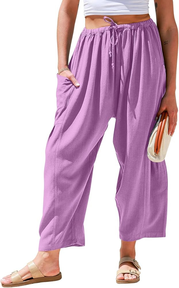 TARSE Womens Linen Wide Leg Pants Casual Loose Drawstring Summer Beach Travel Vacation Palazzo Ha... | Amazon (US)