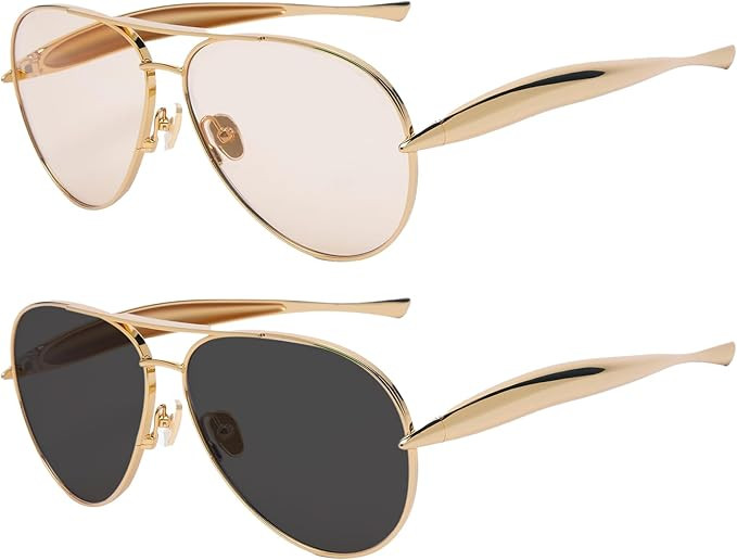 Oversized Aviator Sunglasses For Women 70s Retro 2025 Metal Shades with Gold Streamline Arms | Amazon (US)