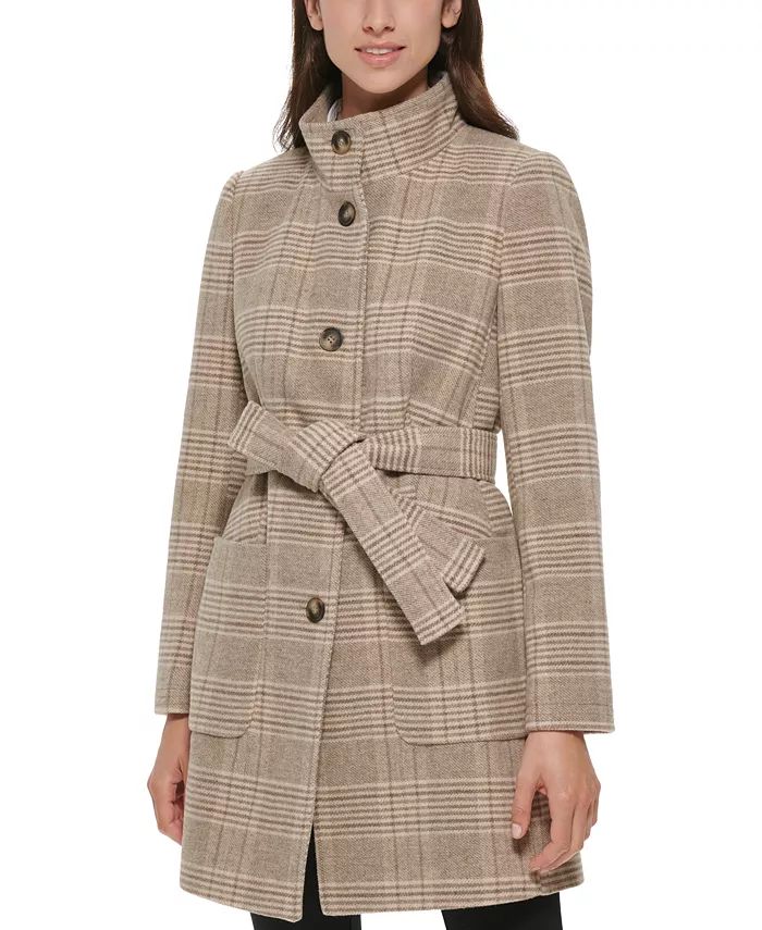 DKNY Women's Plaid Button-Front Belted Coat, Created for Macy's & Reviews - Coats & Jackets - Wom... | Macys (US)