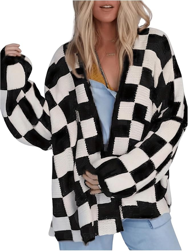 SOLY HUX Women's Long Sleeve Oversized Sweater Checkered Cardigan Open Front Outerwear Tops | Amazon (US)