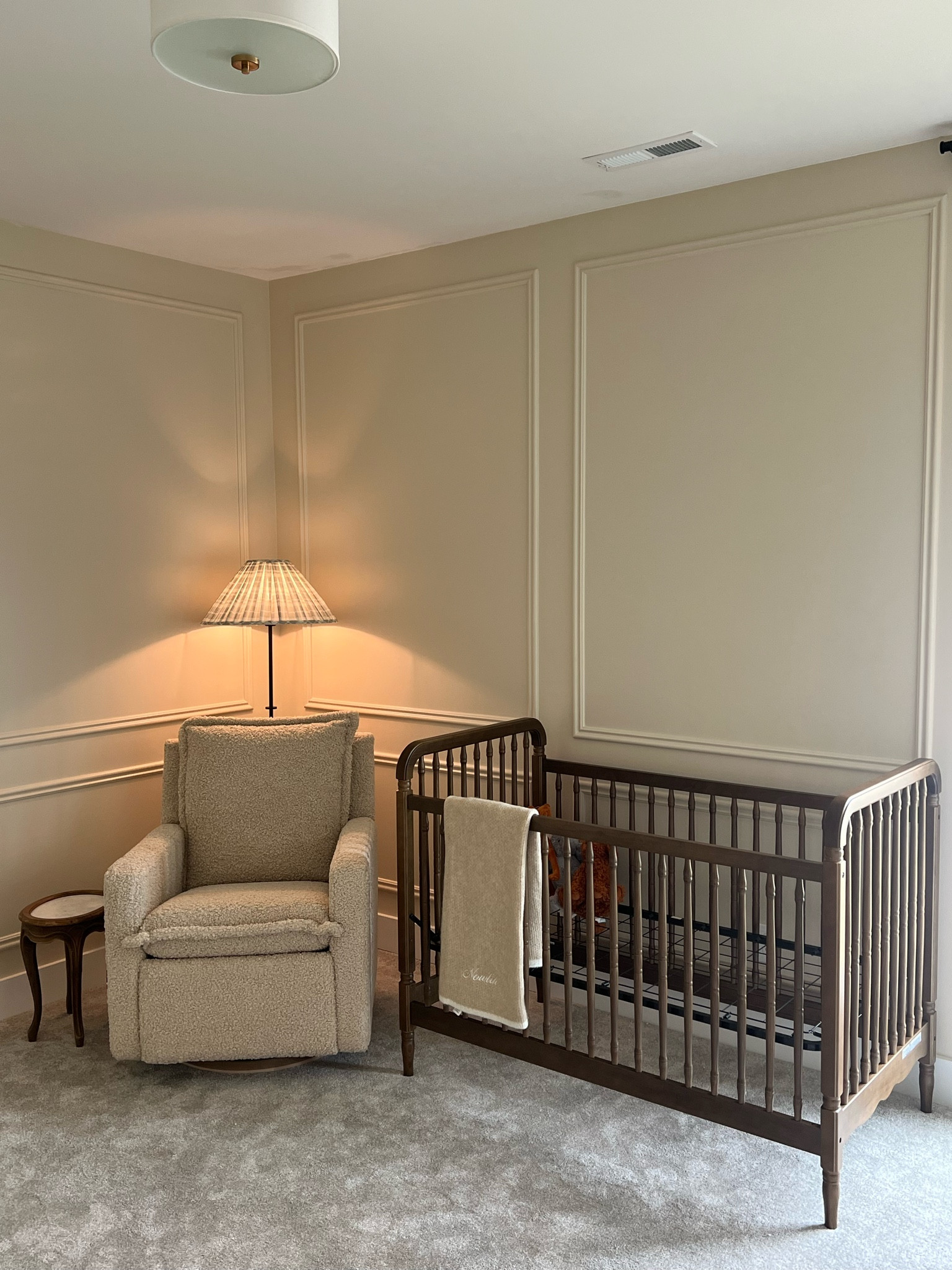 Dream nursery is coming to life! 🥹 We had to buy 34 pieces of moulding from Lowe’s linked below. Side table is antique. #boynursery #babyboy #ralphlauren #oilostudio #namesake 

#LTKBaby #LTKFamily #LTKHome