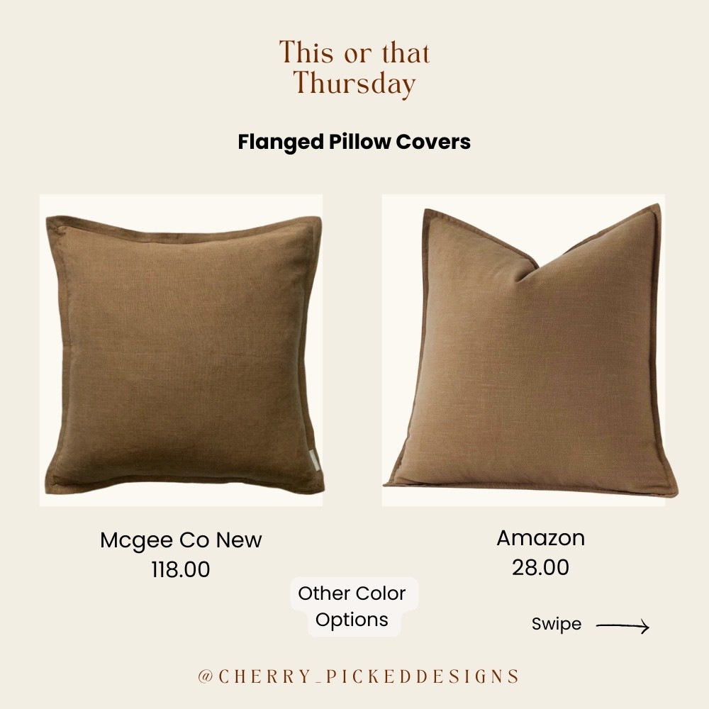 This or That Thursday just got cozier! 🥰 You know I'm always on the hunt for the best home decor dupes, and these flanged pillow covers are no exception! 🙌 The McGee & Co. pillows are gorgeous, but these Amazon finds give you that same luxurious texture and style for so much less. I know because I actually have these from Amazon myself! Also Linked other brown solid pillows that have detail, subtly. 

✨ There are many colors to choose from in both options to perfectly complement your bedding or sofa. 

🤎On "This or That Thursdays" I share amazing dupes I've personally found, and every single day I bring you affordable home decor that looks and feels high-end. Follow along so you don't miss out on the steals! 😉 #PillowCovers #FlangedPillows #HomeDecorDupes #HighLowDecor #AffordableHomeDecor #NeutralHome #BedroomDecor #LivingRoomDecor #AmazonHome #McGeeAndCo #ThisOrThatThursday #HomeStyling #InteriorDecor #CozyHome #DecorOnABudget

#LTKHome #LTKFindsUnder50 #LTKSeasonal