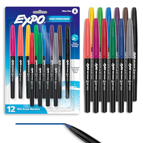 EXPO Wet Erase Markers, Semi-Permanent Markers, Assorted, Ultra Fine Tip, 12 Count | Amazon (US)