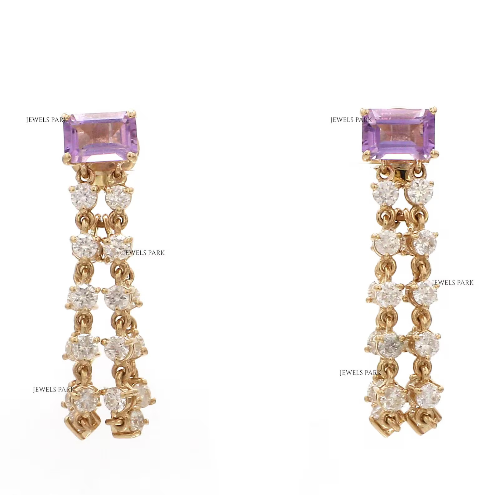 Lavender sapphire emerald cut diamond dangler earrings gold | Natural Lavender sapphire diamond e... | Etsy (US)