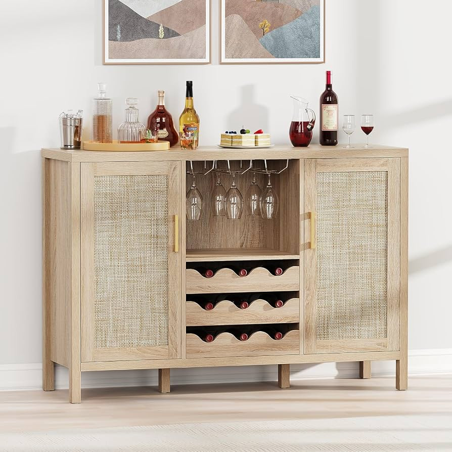Rattan Wine Bar Cabinet, Boho Rattan Home Bar with Glass Holder and Drawer Style Racks, Oak Sideb... | Amazon (US)