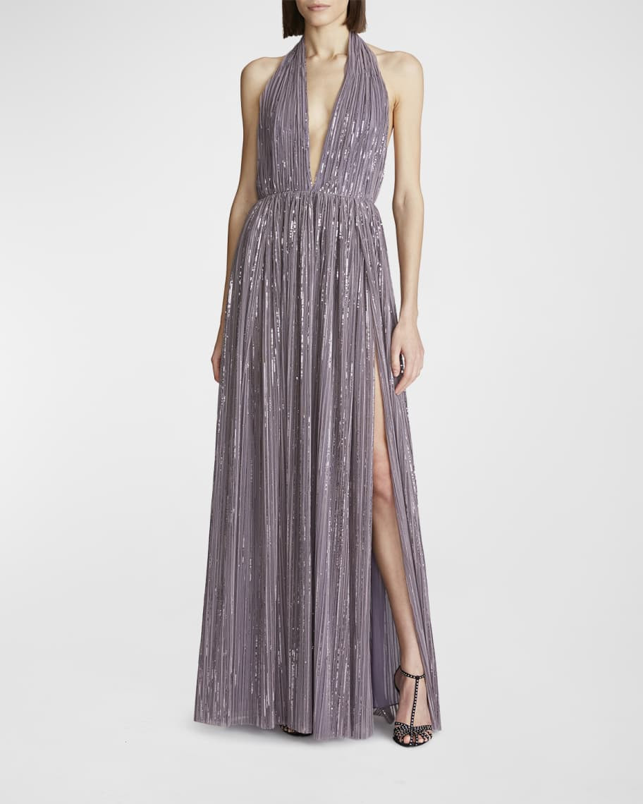 Halston Valery Plunge Pleated Sequin Gown | Neiman Marcus