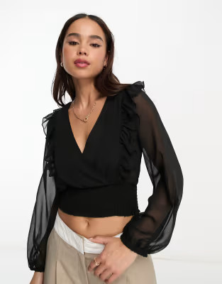 Stradivarius sheer ruffle blouse in black | ASOS (Global)