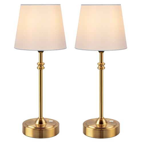 ONEWISH Cordless Table Lamps Set of 2 - Battery Powered Lamp, 4000mAh Rechargeable, Stepless Dimmable, Wireless Lamp with Fabric Shade, 2700K Warm Ambient Light for Dining, Patio, Bathroom(Gold) | Amazon (US)