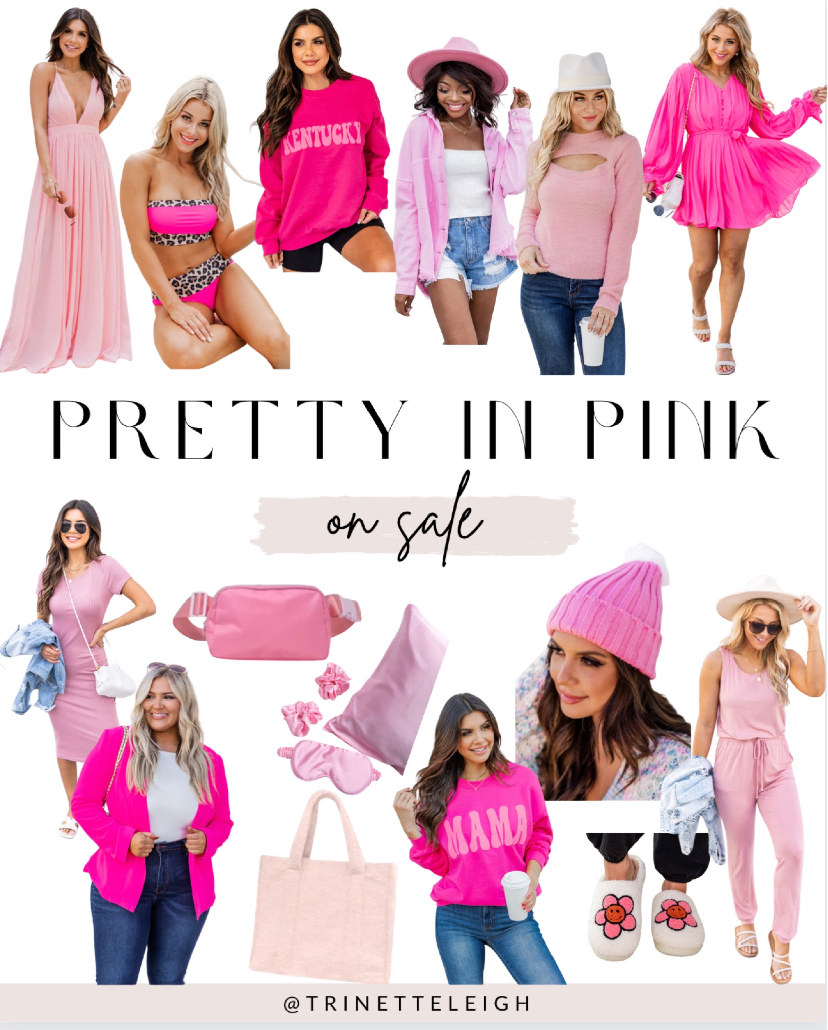 Pretty in pink. Pink items. Pink aesthetic. Pink maxi dress. Pink leopard swimsuit. Two piece swimsuit. Pink sweatshirt. State sweatshirt. Pink shacket. Pink cut out sweater. Hot pink dress. Pink tshirt dress. Hot pink blazer. Pink hip bag. Pink fluffy purse. Pink satin pillow. Pink scrunchies. Pink eye mask. Pink beanie hat. Mama sweatshirt. Pink slippers. Fuzzy slippers. Pink jumpsuit. Sale items.Use code Trinette20

#LTKSale #LTKunder50 #LTKswim