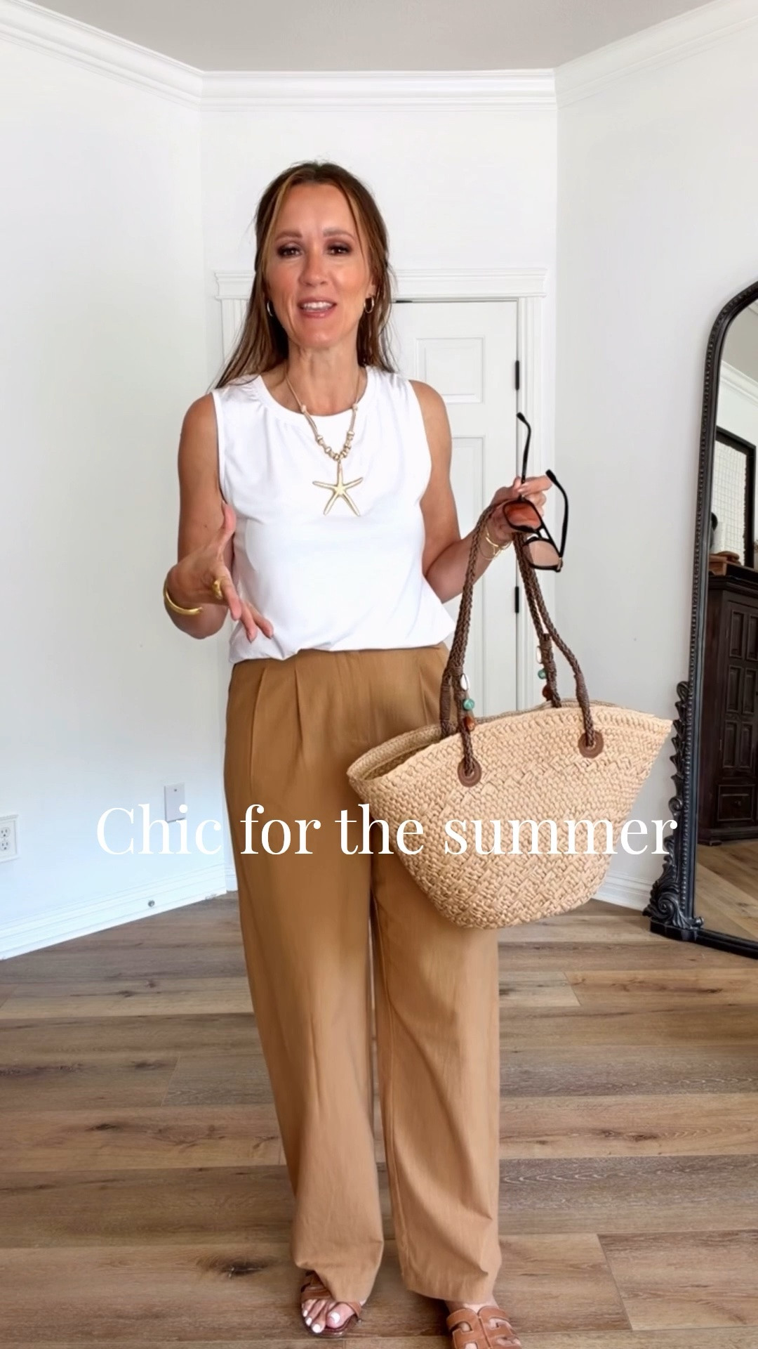 Flowy, lightweight fabrics. Earthy tones. Fun accessories. The easiest summer formula!

Sizing:
Tank-size up, in large
Pants-in small (roomy)