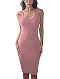 FAIMILORY Cotton Knitted Scoop Neck Stretch Knee Length Bodycon Casual Midi Tank Dress (M, Pink) | Amazon (US)