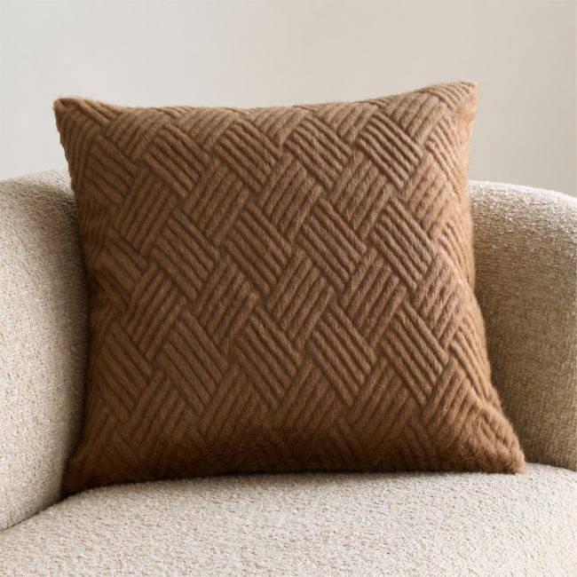 CiCi Faux Fur 23"x23" Camel Tan Throw Pillow Cover by Laura Harrier and Tiffany Howell | Crate & Barrel