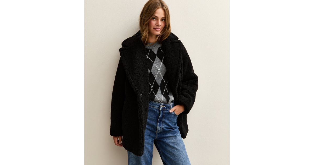 Black Collared Long Sleeve Borg Coat | New Look | New Look (UK)