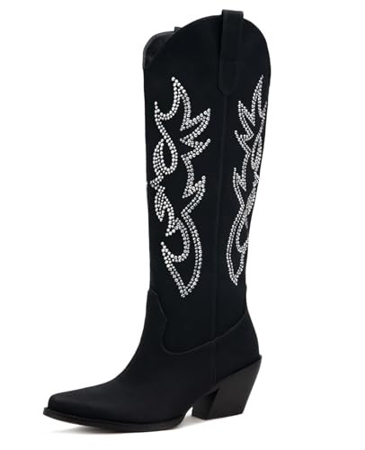 Pasuot Rhinestone Cowboy Boots for Women - Black Wide Calf Knee High Cowgirl Boots with Side Zipper and Sparkly Glitter Embroidery, Almond Toe Mid Heel Retro Fashion Tall Cowgirl Boot Pull On US 11 | Amazon (US)