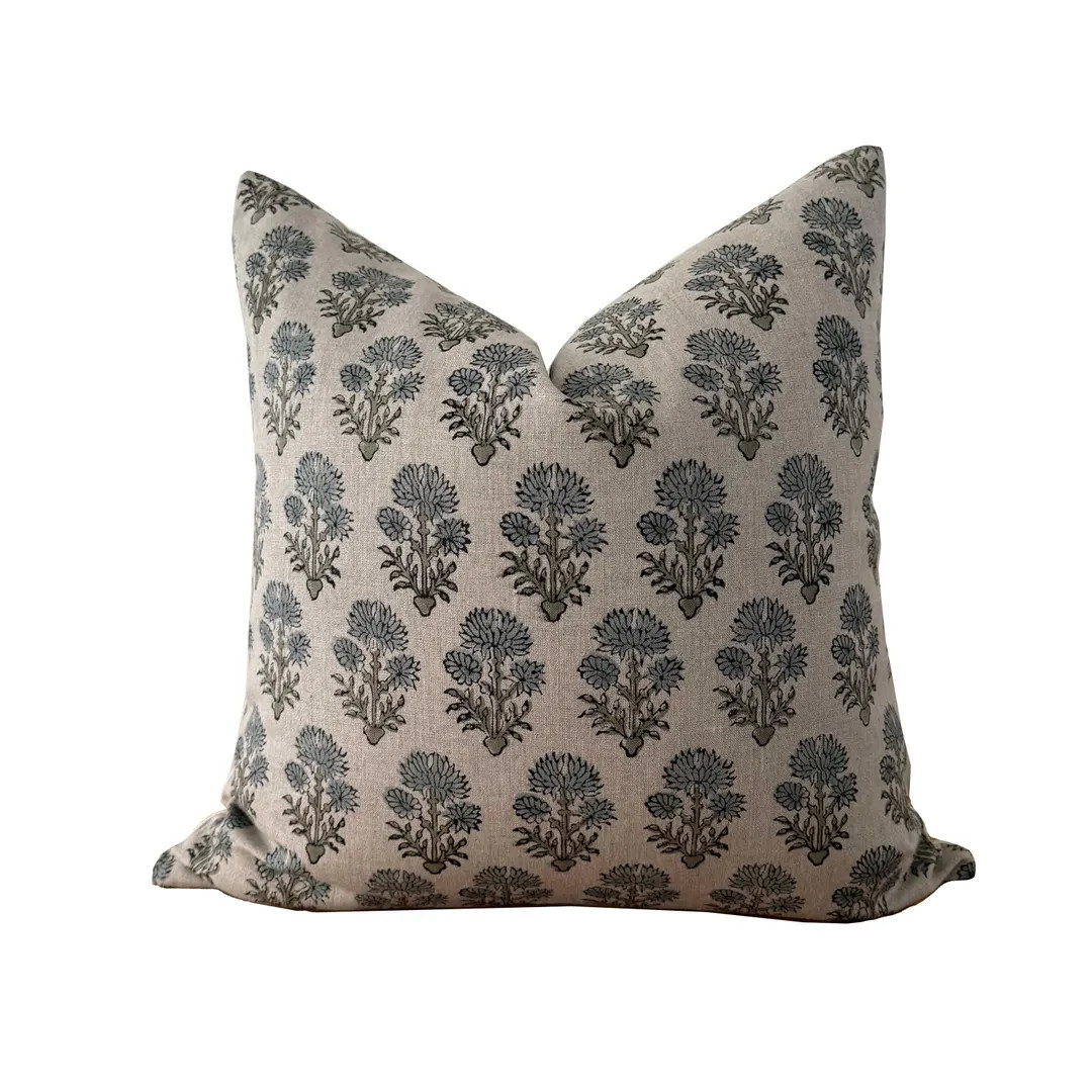 Blue Floral Hand Block Print Linen Pillow Cover | Etsy (US)